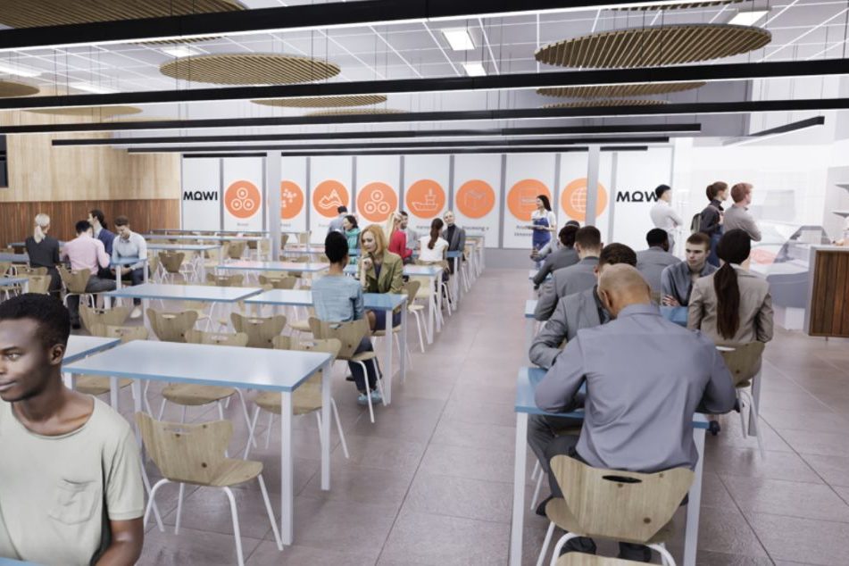 Imagen objetivo del casino para MOWI Chile, con mesas, sillas de madera y línea de servicio al fondo